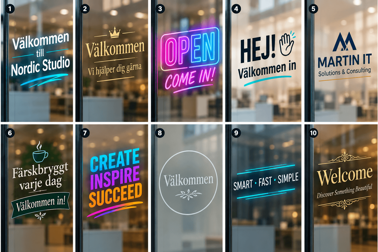Exempel på stående fönsterdekaler för entréer, kontor, café och butik