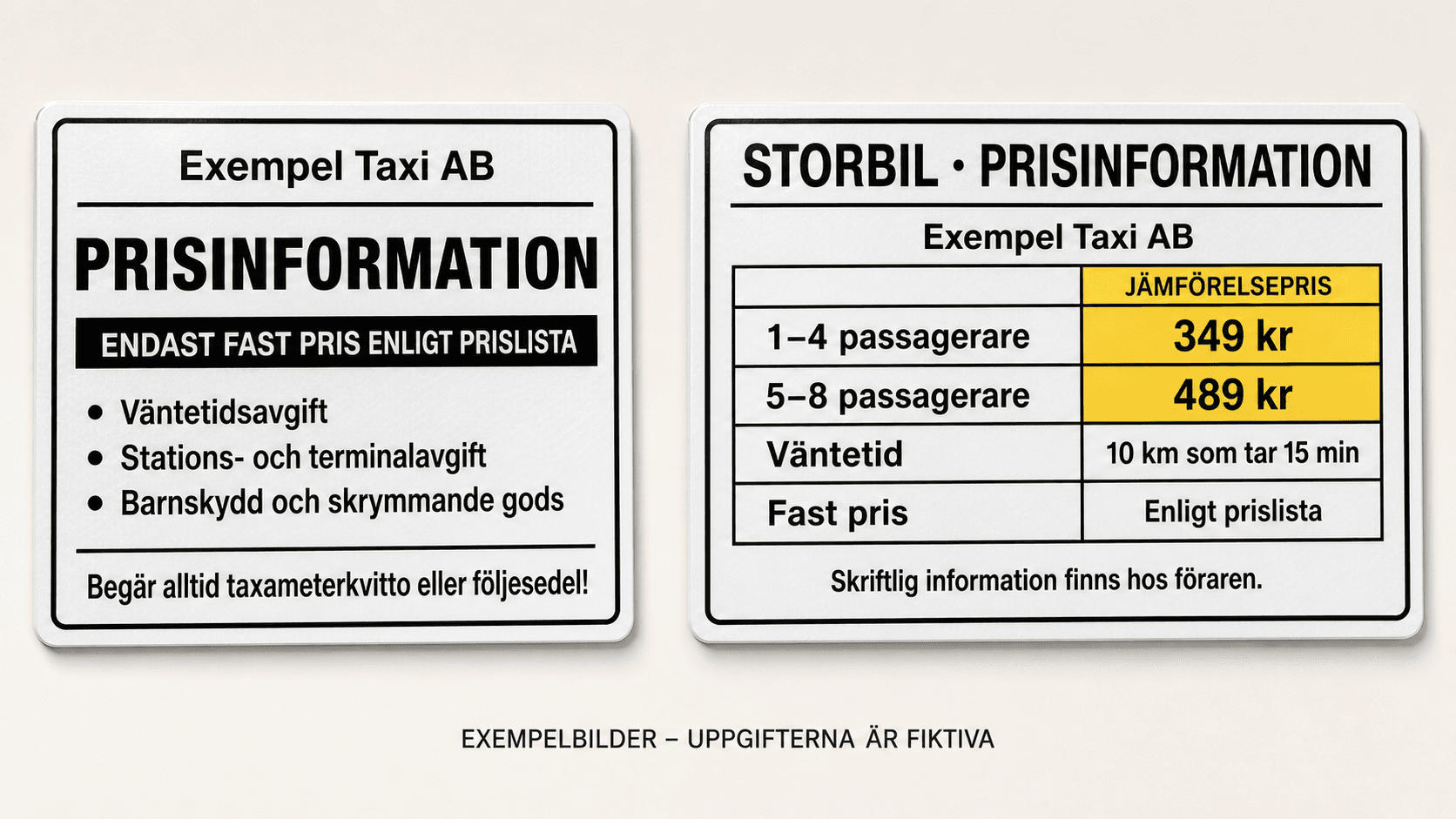 Exempel på taxiprisinformation för endast fast pris och för stor bil