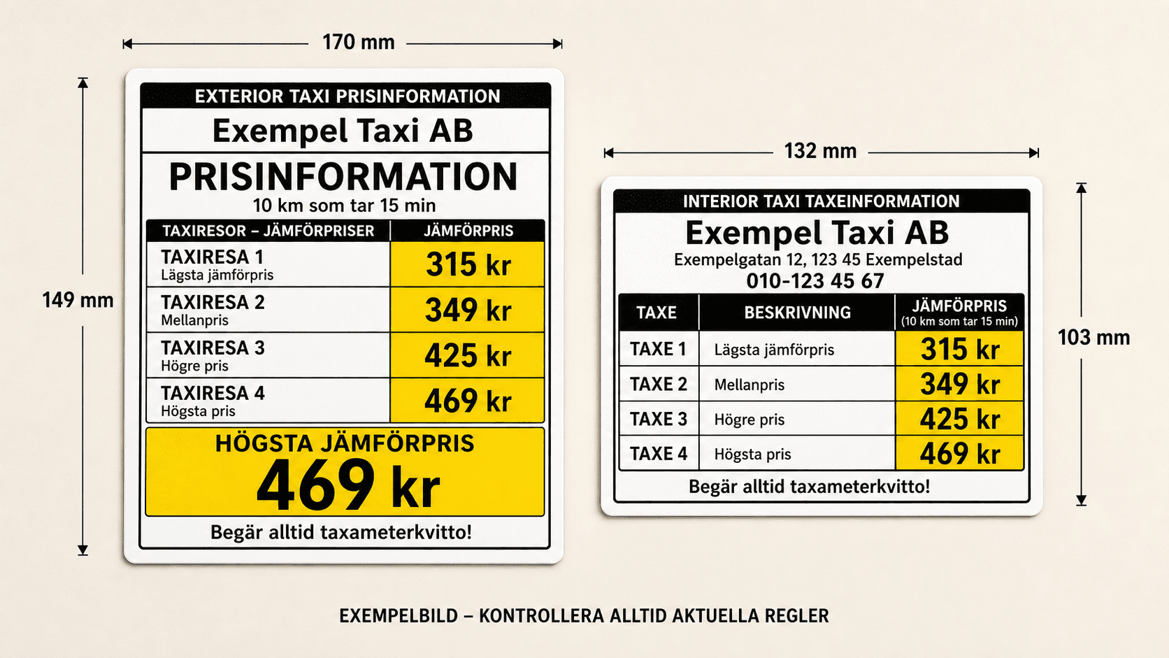 Exempel på utvändig och invändig taxiprisinformation med gulmarkerade jämförpriser
